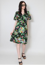 70's Vintage Dress Retro Black Floral Puff Sleeve