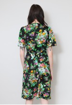 70's Vintage Dress Retro Black Floral Puff Sleeve