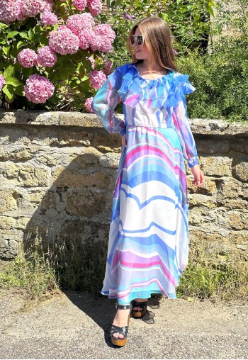 70's Vintage Ladies Ruffle Sheer Blue White Maxi Dress