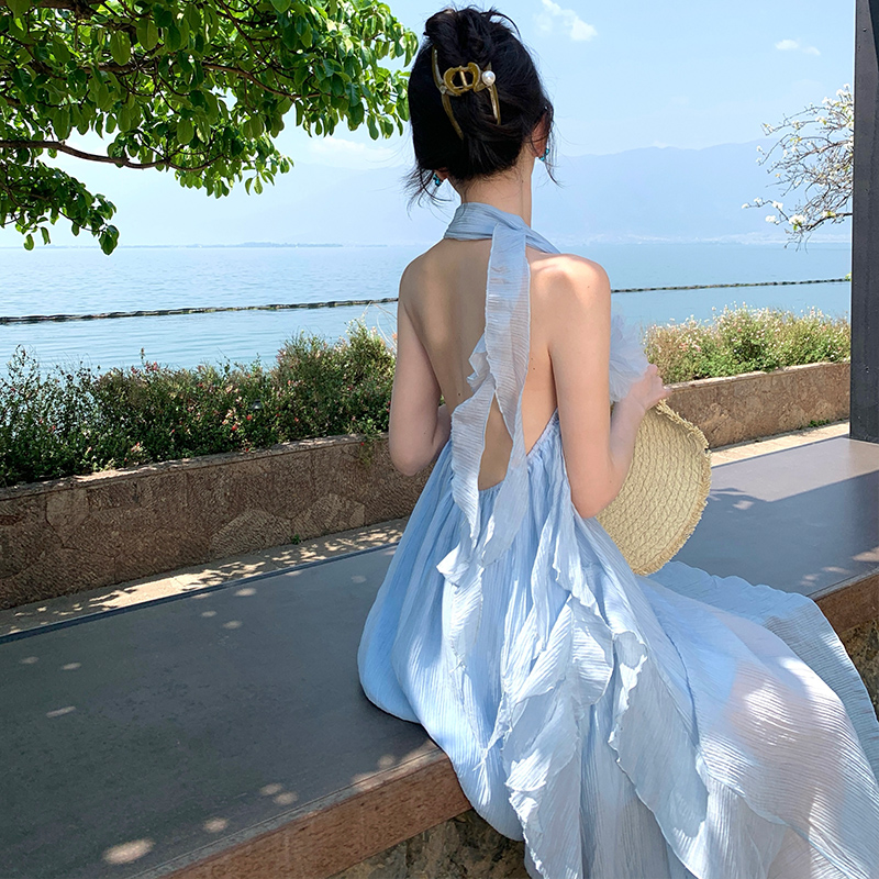 Luxury Boho Blue Halter Neck Floral Vacation Dress for Women 2025 Summer Bridal Photo Shoot - Image 3