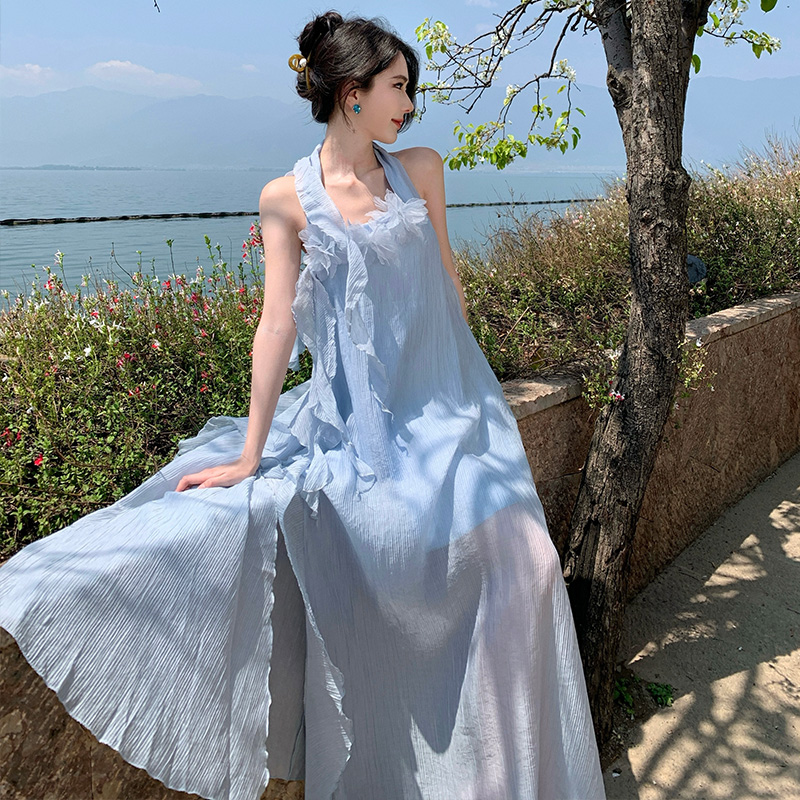 Luxury Boho Blue Halter Neck Floral Vacation Dress for Women 2025 Summer Bridal Photo Shoot - Image 5
