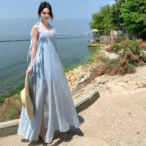 Luxury Boho Blue Halter Neck Floral Vacation Dress for Women 2025 Summer Bridal Photo Shoot