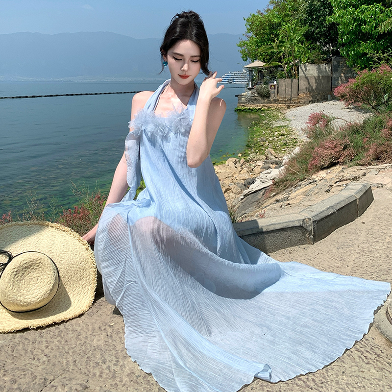 Luxury Boho Blue Halter Neck Floral Vacation Dress for Women 2025 Summer Bridal Photo Shoot - Image 4