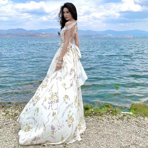 Sunset Floral Print V-Neck Backless High Waist A-Line Long Dress for Vacation Beach