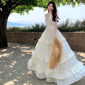 Thailand Cotton Linen Cake Skirt V-Neck Waist Slimming Backless Halter Neck Dress