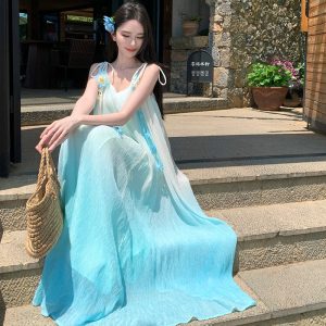 Blue Mist Gradient Vacation Style Fairy Heavy Craft Dress with 3D Flowers Strapless Elegant French
