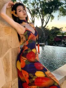 Tropical Fruit Print Sexy Sleeveless Beach Maxi Dress for Women Summer Vacation
