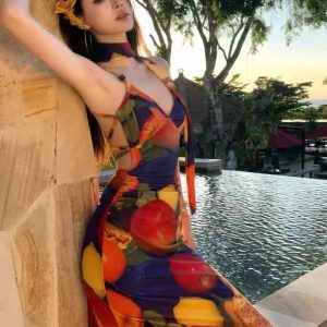 Tropical Fruit Print Sexy Sleeveless Beach Maxi Dress for Women Summer Vacation