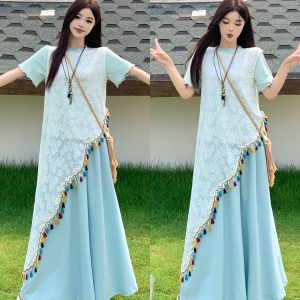 Plus Size 3-Piece Set Flowy Fringe Hollow Out Short Sleeve Top and Skirt Retro Casual Korean Style