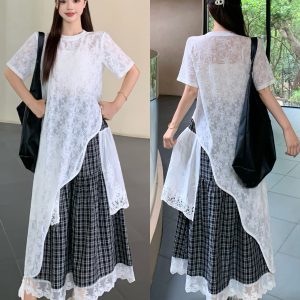 Plus Size Summer Lace Trim Two Piece Set Black White Plaid Skirt Top