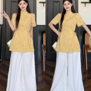 Plus Size Republic Era New Chinese Zen Elegant Yellow Top and Skirt Suit Set