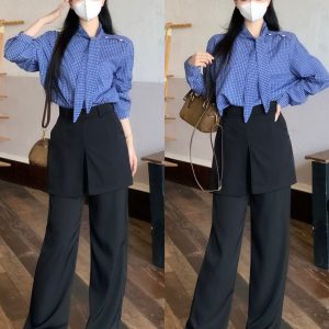 Plus Size Fall New French Chic Long Sleeve Plaid Shirt and Wide Leg Pants Two Piece Set - Style 054ae6