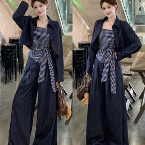 Plus Size Plaid Denim Lace-up Vest Jacket Pants 3-Piece Set Women 2025 New Casual Lounge Suit