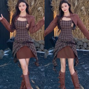 Plus Size Chuanxi Memory Retro Coffee Plaid Strap Dress Women Autumn Short Coat Fashion Three-Piece Set