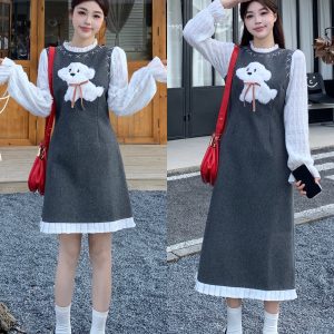 Retro Plus Size Women's Dog Print Wool Blend Vest Fake Two-Piece Dress