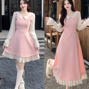 Plus Size Cloud Romance Bow Doll Collar Long Sleeve A-Line Dress for Women 2025 Autumn Winter