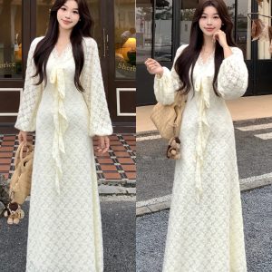 Plus Size 2025 Korean Style Elegant Slimming Long Dress with Ruffle Hem, Warm Beige, Fleece Lined