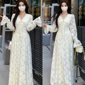 Plus Size 2025 Winter Apricot Lace Floral Fleece Long Sleeve V-Neck Ruched Waist Long Dress for Women