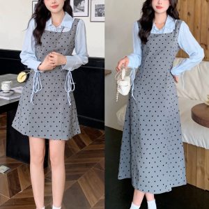 Plus Size 2026 Spring Polka Dot Long Sleeve Vest Dress with Shirt Layered Two-Piece Women's Dress
