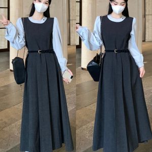 Plus Size 2026 Spring French Fake Two-Piece Long Sleeve Dress with Belt for Women, A-Line Waist-Slimming Korean Style Midi Dress