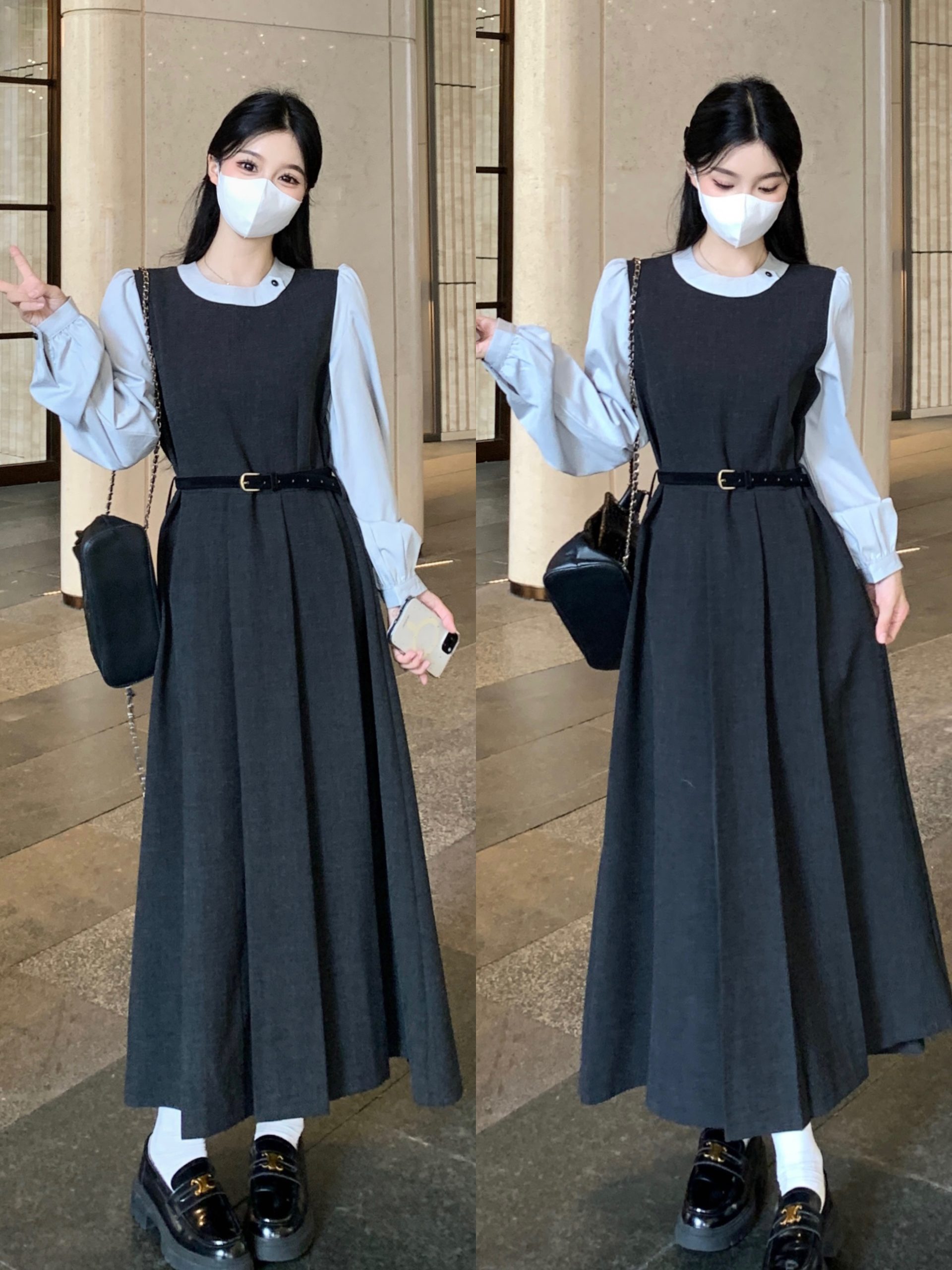 Plus Size 2026 Spring French Fake Two-Piece Long Sleeve Dress with Belt for Women, A-Line Waist-Slimming Korean Style Midi Dress