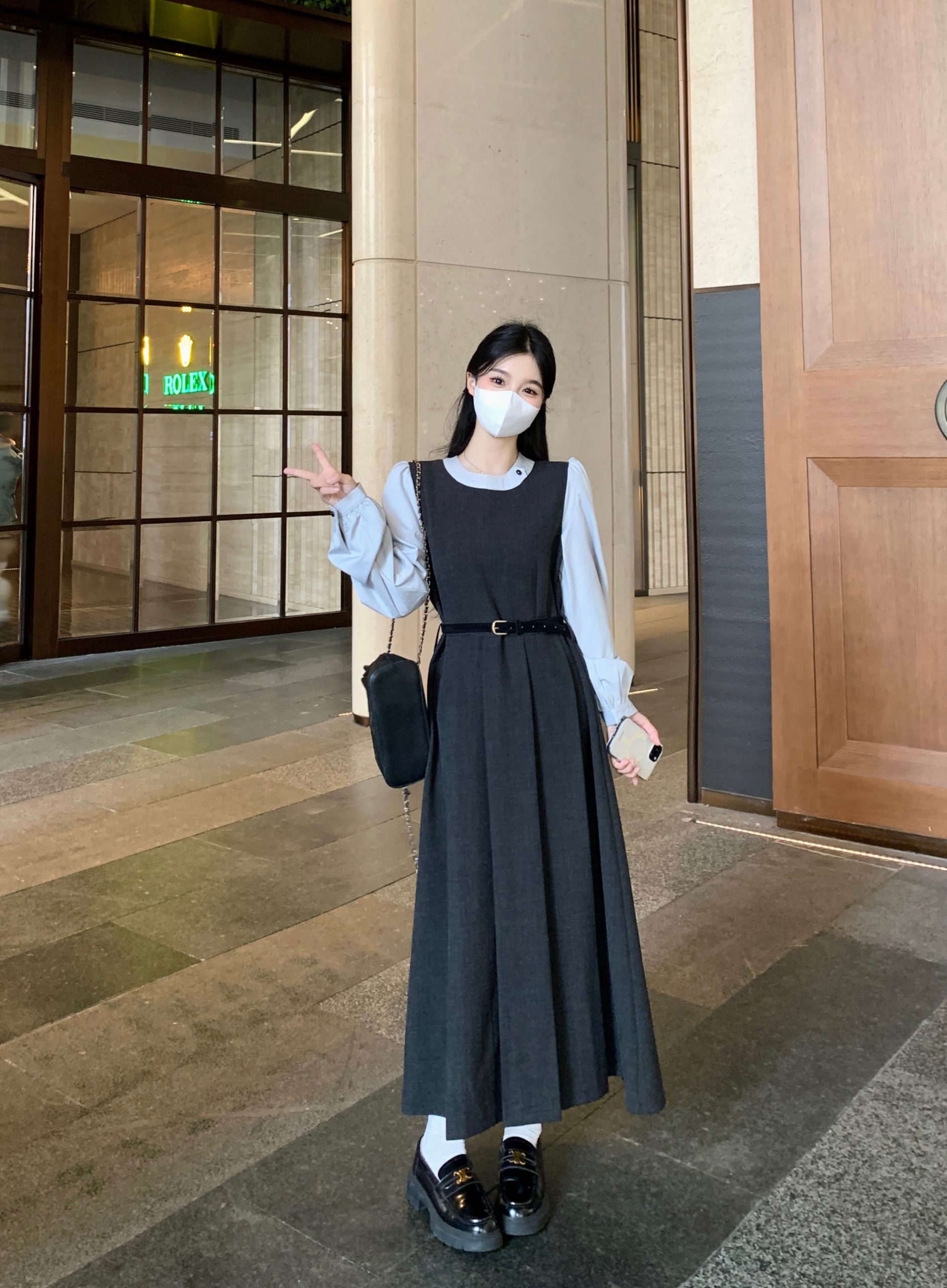 Plus Size 2026 Spring French Fake Two-Piece Long Sleeve Dress with Belt for Women, A-Line Waist-Slimming Korean Style Midi Dress - Image 2