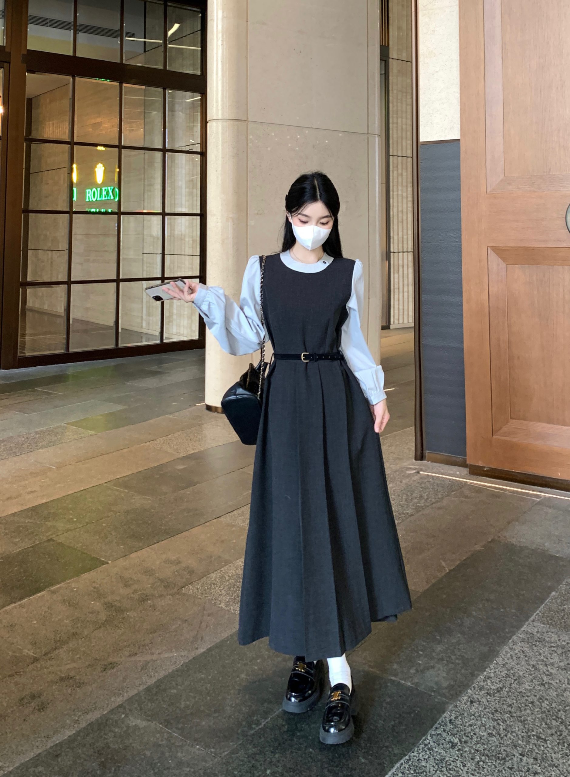 Plus Size 2026 Spring French Fake Two-Piece Long Sleeve Dress with Belt for Women, A-Line Waist-Slimming Korean Style Midi Dress - Image 3
