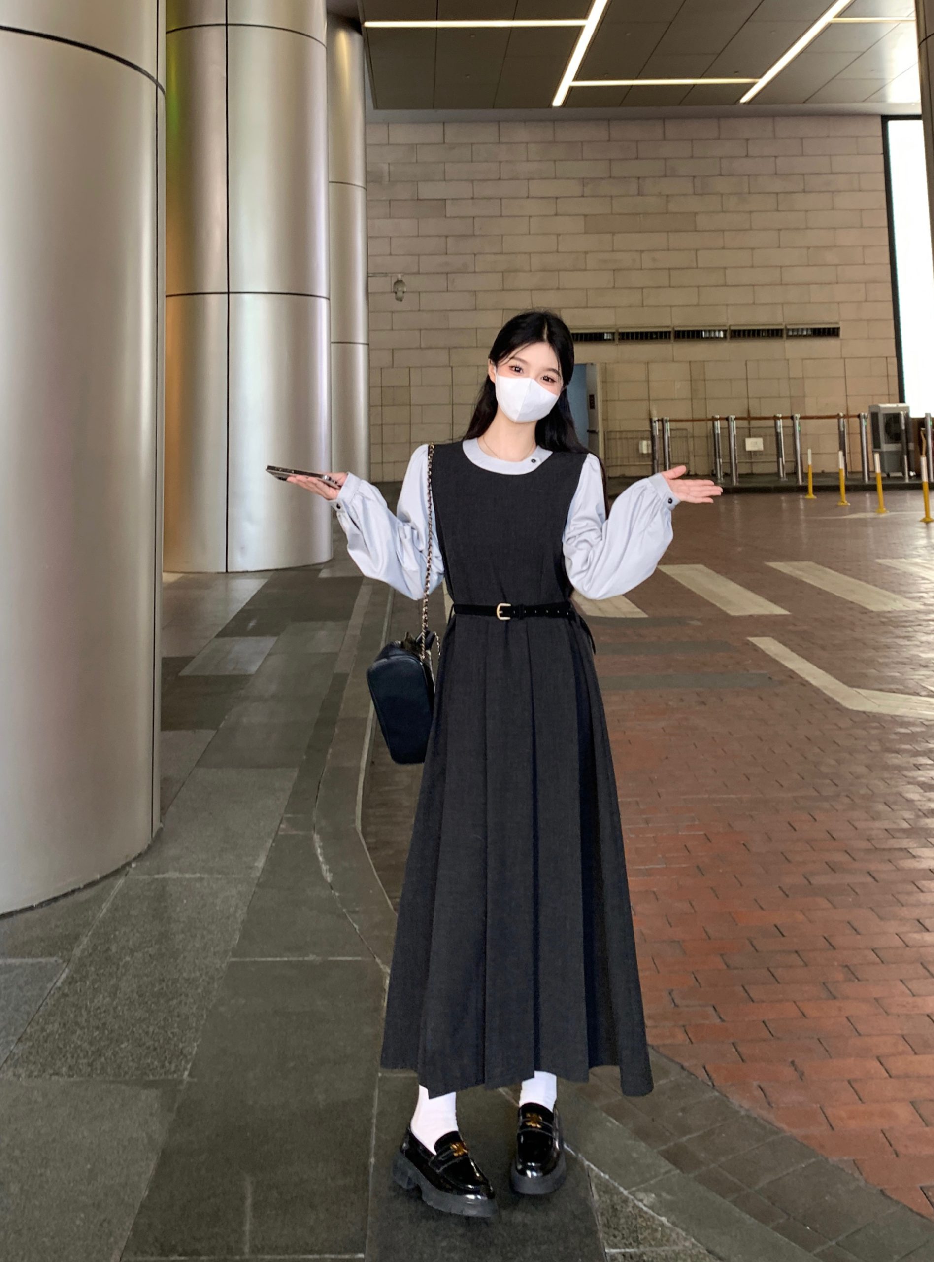 Plus Size 2026 Spring French Fake Two-Piece Long Sleeve Dress with Belt for Women, A-Line Waist-Slimming Korean Style Midi Dress - Image 4
