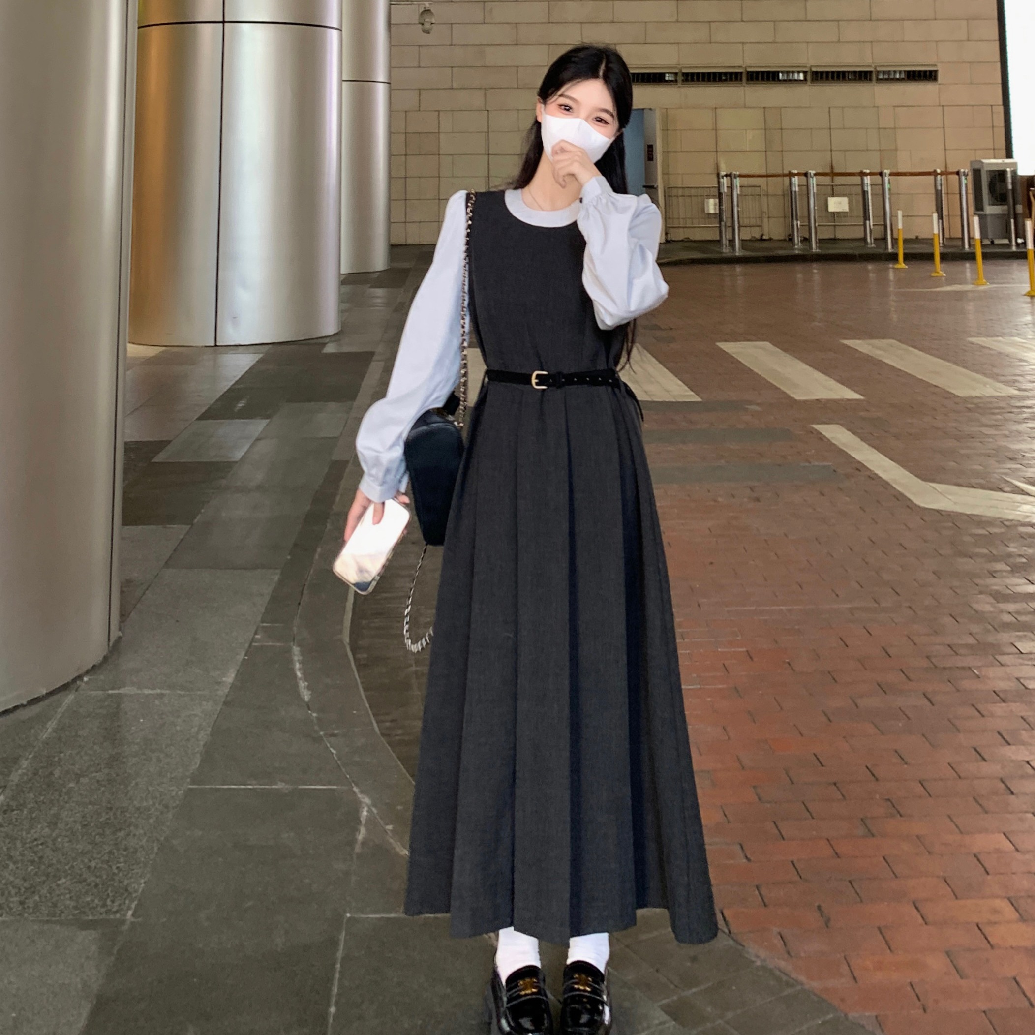Plus Size 2026 Spring French Fake Two-Piece Long Sleeve Dress with Belt for Women, A-Line Waist-Slimming Korean Style Midi Dress - Image 5