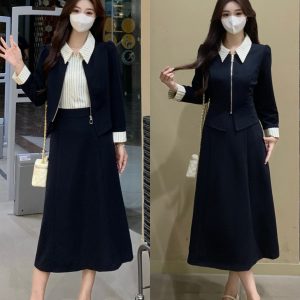 Plus Size 2026 Slimming Long Sleeve Faux Two-Piece Fashion Dress Autumn French Waist Casual Dress for Women