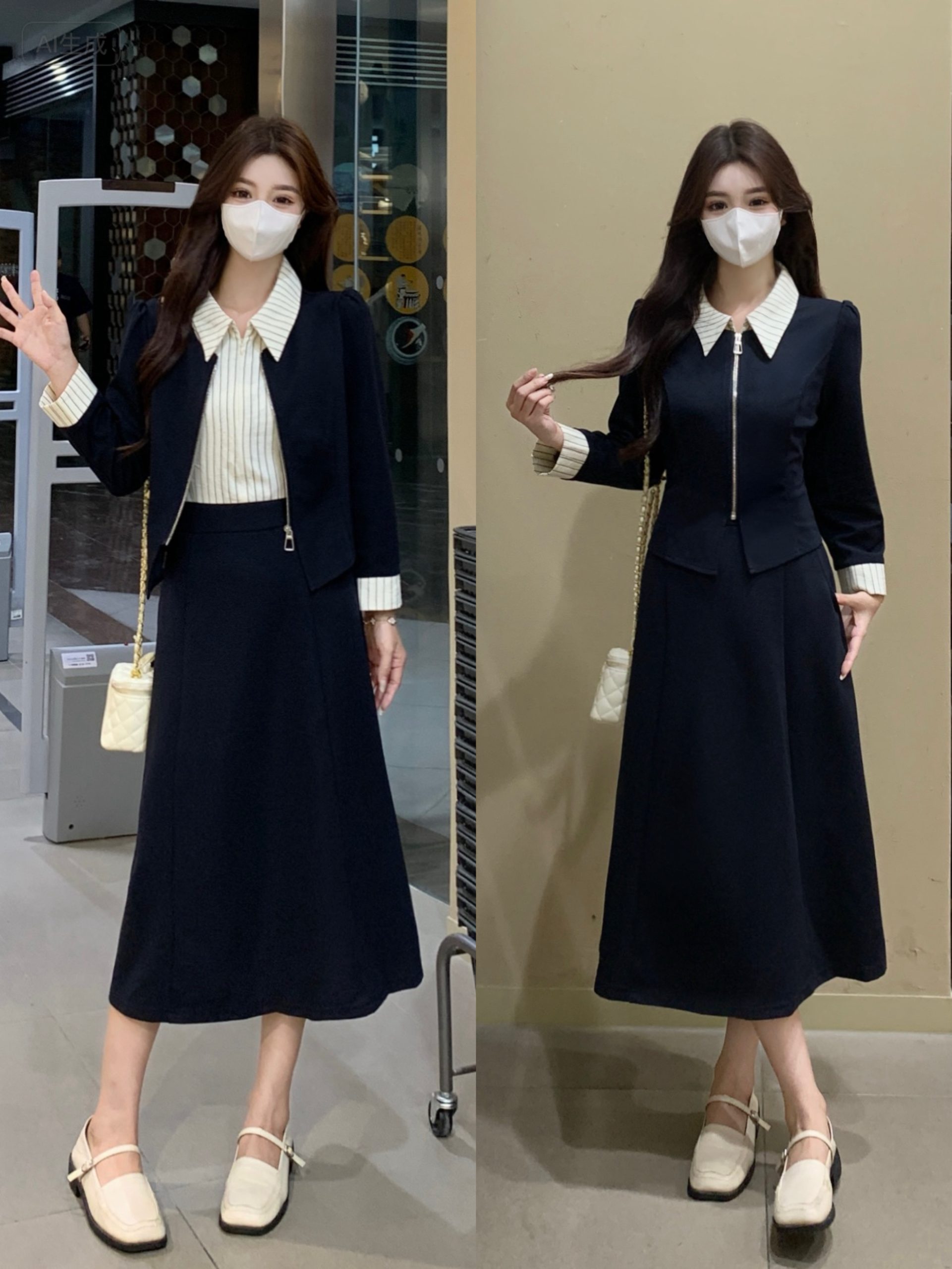 Plus Size 2026 Slimming Long Sleeve Faux Two-Piece Fashion Dress Autumn French Waist Casual Dress for Women