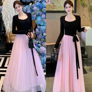 2026 Spring Plus Size Bad Girl Has It All Dress Elegant Waist Cinching Slimming Shoulder Pad Gentle Flared Skirt