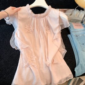 2026 Summer Women's Ruffle Collar Chiffon Short Sleeve Shirt Irregular Design Flounce Sleeve Blouse