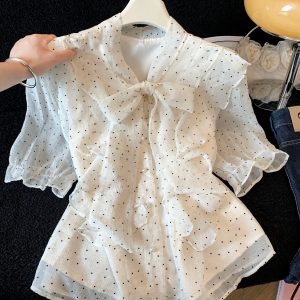 2026 Summer Women's Elegant Bow Tie Chiffon Blouse Short Sleeve Top