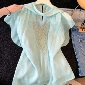 2026 Summer New French Style Chiffon Blouse with Tie for Women Loose Fit Short Sleeve Top