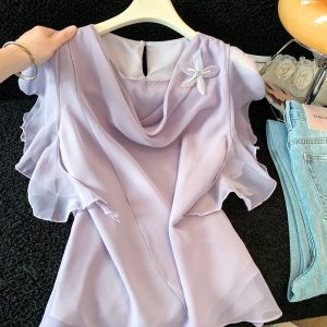 Elegant Draped Neck Floral Design Short Sleeve Blouse for Women 2026 Summer