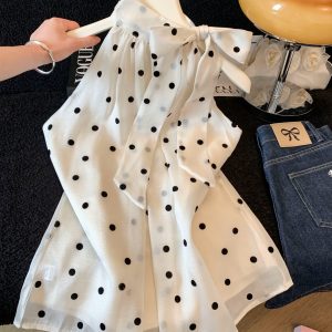 Real Shot Polka Dot Bow Tie Strap Sleeveless Vest Women 2026 Summer Elegant Loose Slimming Shirt Top