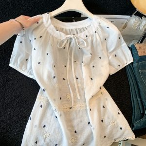 2026 Summer New Sweet Heavy Embroidery Bubble Sleeve Shirt Women College Style Single Breasted Youth Top - Style 06da96