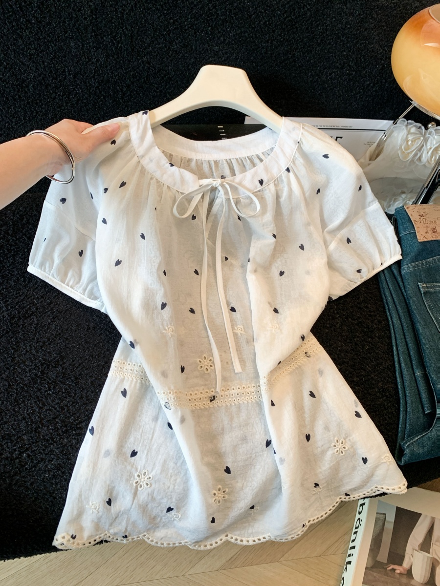 2026 Summer New Sweet Heavy Embroidery Bubble Sleeve Shirt Women College Style Single Breasted Youth Top - Style 06da96