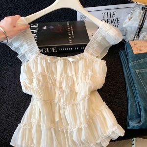 Real Shot French Flutter Sleeve Lace Blouse for Women Summer Gentle Style Unique Design Loose Fitting Slimming Top