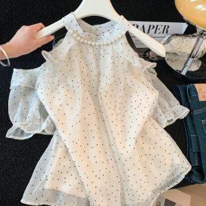 Women's Summer Chiffon Blouse with Heart Print and Off-Shoulder Design