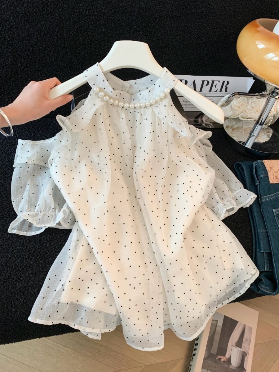 Women's Summer Chiffon Blouse with Heart Print and Off-Shoulder Design