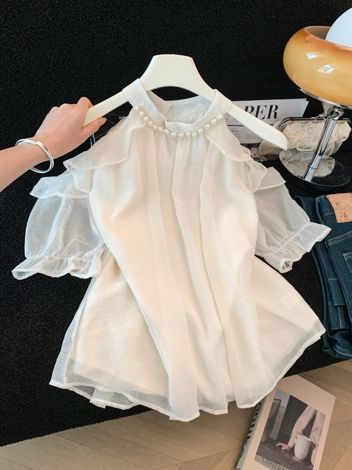 Women's Summer Chiffon Blouse with Heart Print and Off-Shoulder Design - Image 2