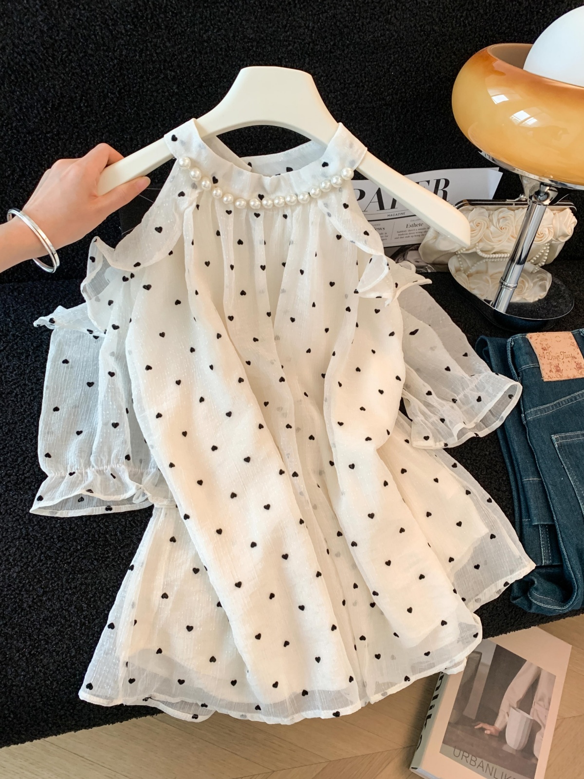 Women's Summer Chiffon Blouse with Heart Print and Off-Shoulder Design - Image 3
