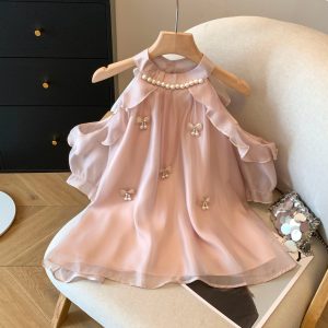 Real Shot Gentle Style Sexy Off Shoulder Butterfly Decoration Age Reducing Chiffon Top Medium Long Sleeveless Blouse