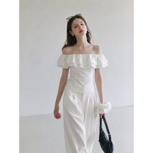 French Style Ruffle Off Shoulder Short Sleeve T Shirt for Women Summer Fitted Crop Top