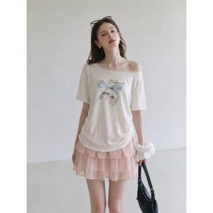 2026 Summer Korean Style Printed Lace Trim Off Shoulder Loose Short Sleeve T-Shirt for Women