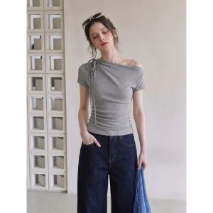 Women's Summer Knit Slim Fit Off Shoulder Bow Knot T-Shirt in Gray