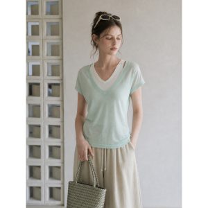 Women's Summer Sheer V-Neck Short Sleeve T-Shirt Set with Camisole Layering