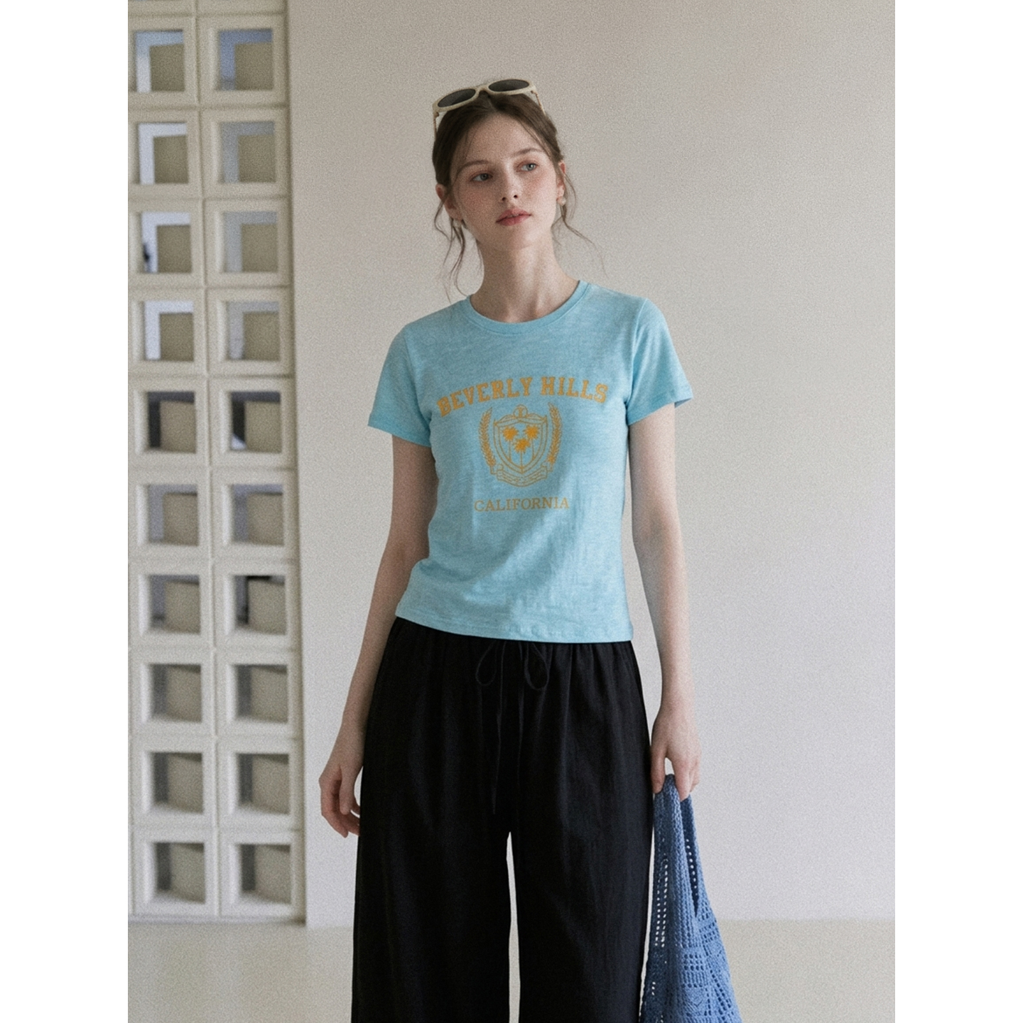 Women's Summer Blue Letter Print Slim Fit Short Sleeve T-Shirt - Image 2